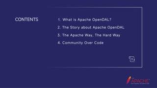 CONTENTS 1. What is Apache OpenDAL?
2. The Story about Apache OpenDAL
3. The Apache Way, The Hard Way
4. Community Over Code
 