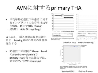 AVNに対するprimary THA
• 平均年齢40歳以下の患者に対す
  るインプラントの生存率は10年
  で95%、15年で90%（Simon
  JP,2011 Acta Orthop Berg）

⇒しかし、挿入期間が長期に渡る
ほど、bearing素材の摩耗の問題が
                               Simon JP,2011    Acta Orthop Berg
発生する

• 50歳以下の症例に32mm head
  のAlumina-on-aluminaで
  primaryTHAを行った報告では、
  13年のf/u で2/61のrevision


                              Solarino G,2011   J Orthop Trauma
 