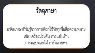 วัตถุภาษา
อวัจนภาษาที่รับรู้จากการเลือกใช้วัตถุเพื่อสื่อความหมาย
เช่น เครื่องประดับ การแต่งบ้าน
การมอบดอกไม้การ์ดอวยพร
 