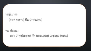 นกบิน นก
(ภาคประธาน) บิน (ภาคแสดง)
หมากัดแมว
หมา (ภาคประธาน) กัด (ภาคแสดง) และแมว (กรรม)
 