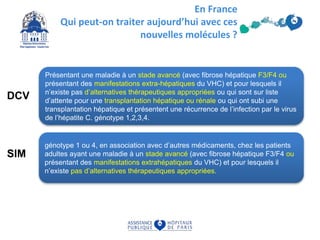 En France
Qui peut-on traiter aujourd’hui avec ces
nouvelles molécules ?
Présentant une maladie à un stade avancé (avec fibrose hépatique F3/F4 ou
présentant des manifestations extra-hépatiques du VHC) et pour lesquels il
n’existe pas d’alternatives thérapeutiques appropriées ou qui sont sur liste
d’attente pour une transplantation hépatique ou rénale ou qui ont subi une
transplantation hépatique et présentent une récurrence de l’infection par le virus
de l’hépatite C. génotype 1,2,3,4.
DCV
génotype 1 ou 4, en association avec d’autres médicaments, chez les patients
adultes ayant une maladie à un stade avancé (avec fibrose hépatique F3/F4 ou
présentant des manifestations extrahépatiques du VHC) et pour lesquels il
n’existe pas d’alternatives thérapeutiques appropriées.
SIM
 