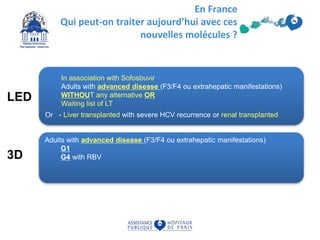 In association with Sofosbuvir
Adults with advanced disease (F3/F4 ou extrahepatic manifestations)
WITHOUT any alternative OR
Waiting list of LT
Or - Liver transplanted with severe HCV recurrence or renal transplanted
LED
Adults with advanced disease (F3/F4 ou extrahepatic manifestations)
G1
G4 with RBV3D
En France
Qui peut-on traiter aujourd’hui avec ces
nouvelles molécules ?
 
