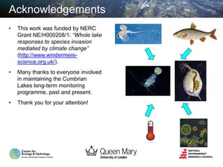 Acknowledgements
• This work was funded by NERC
Grant NE/H000208/1: “Whole lake
responses to species invasion
mediated by climate change”
(http://www.windermere-
science.org.uk/).
• Many thanks to everyone involved
in maintaining the Cumbrian
Lakes long-term monitoring
programme, past and present.
• Thank you for your attention!
 