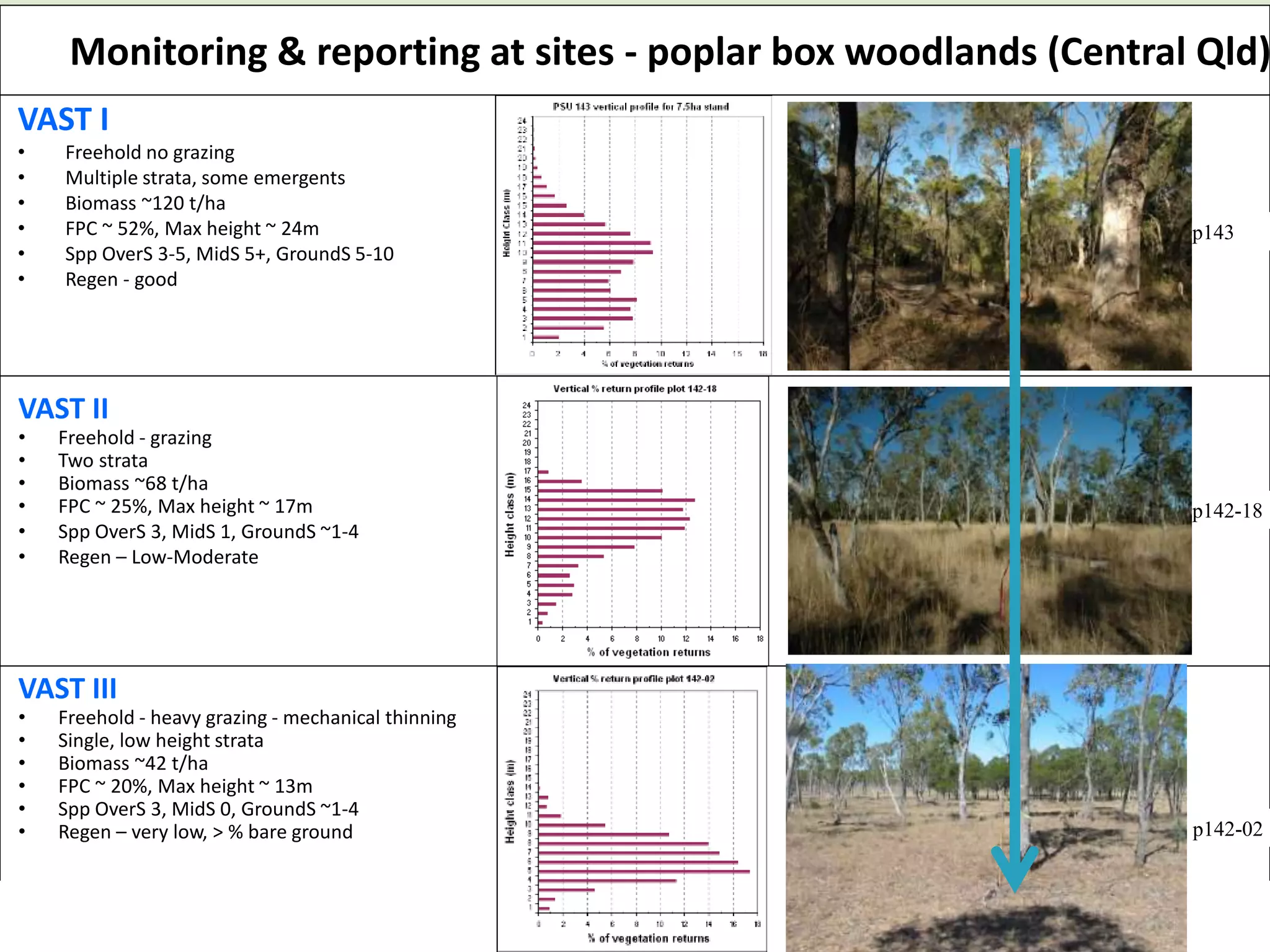 p142-02
p142-18
p143
Monitoring & reporting at sites - poplar box woodlands (Central Qld)
VAST I
• Freehold no grazing
• Multiple strata, some emergents
• Biomass ~120 t/ha
• FPC ~ 52%, Max height ~ 24m
• Spp OverS 3-5, MidS 5+, GroundS 5-10
• Regen - good
VAST II
• Freehold - grazing
• Two strata
• Biomass ~68 t/ha
• FPC ~ 25%, Max height ~ 17m
• Spp OverS 3, MidS 1, GroundS ~1-4
• Regen – Low-Moderate
VAST III
• Freehold - heavy grazing - mechanical thinning
• Single, low height strata
• Biomass ~42 t/ha
• FPC ~ 20%, Max height ~ 13m
• Spp OverS 3, MidS 0, GroundS ~1-4
• Regen – very low, > % bare ground
 