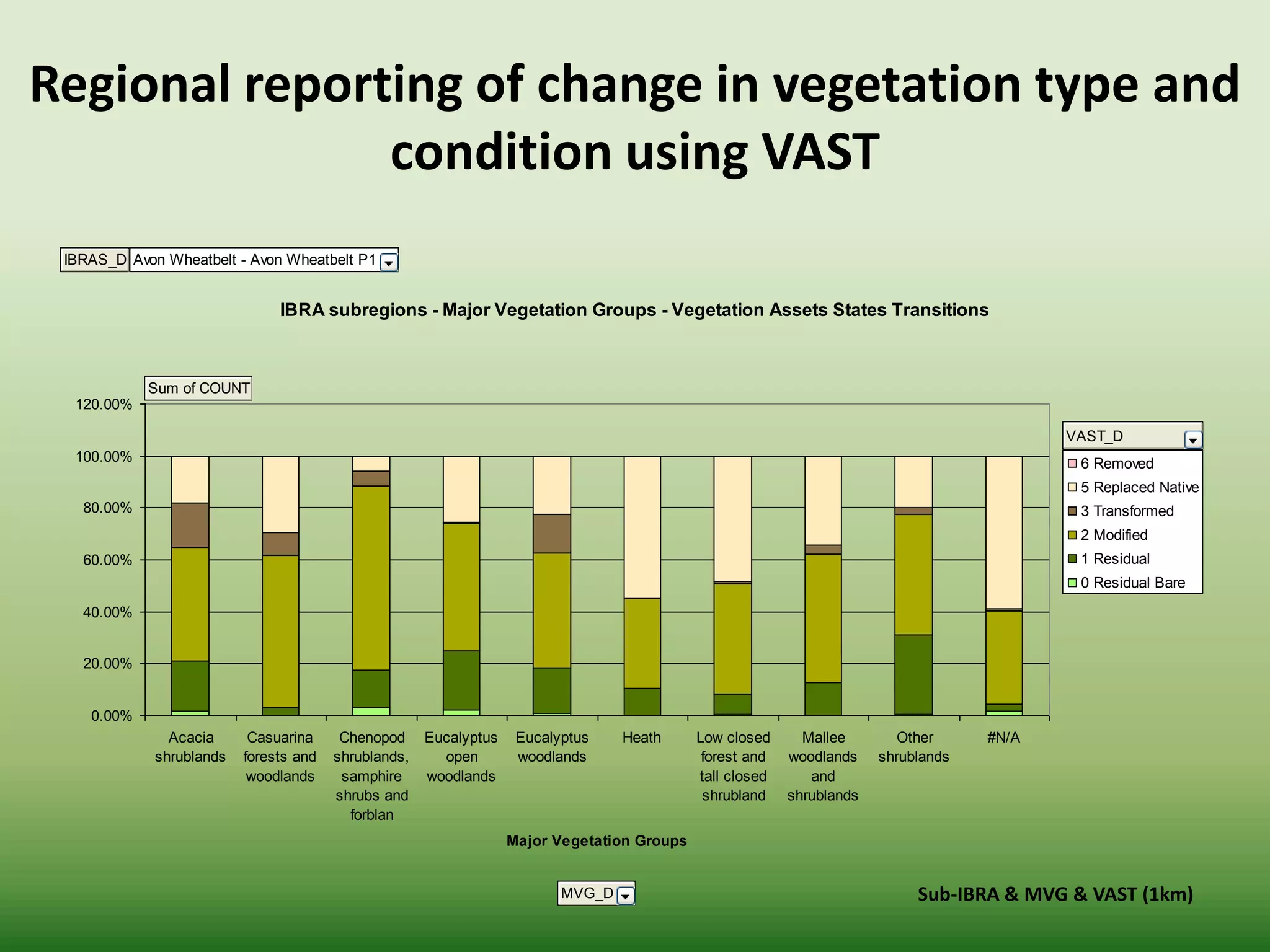 Regional reporting of change in vegetation type and
condition using VAST
IBRA subregions - Major Vegetation Groups - Vegetation Assets States Transitions
0.00%
20.00%
40.00%
60.00%
80.00%
100.00%
120.00%
Acacia
shrublands
Casuarina
forests and
woodlands
Chenopod
shrublands,
samphire
shrubs and
forblan
Eucalyptus
open
woodlands
Eucalyptus
woodlands
Heath Low closed
forest and
tall closed
shrubland
Mallee
woodlands
and
shrublands
Other
shrublands
#N/A
Major Vegetation Groups
6 Removed
5 Replaced Native
3 Transformed
2 Modified
1 Residual
0 Residual Bare
IBRAS_D Avon Wheatbelt - Avon Wheatbelt P1
Sum of COUNT
MVG_D
VAST_D
Sub-IBRA & MVG & VAST (1km)
 
