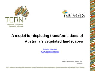 A model for depicting transformations of
       Australia’s vegetated landscapes
                  Richard Thackway
                ACEAS Sabbatical Fellow




                                          CSIRO ES Discussion 22 March 2011
                                                                  Canberra
 