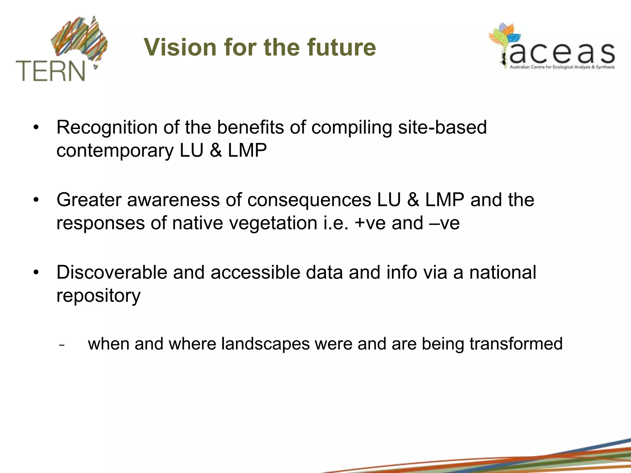 Scoring sites for each year1VegetationTransformationscore31022DiagnosticattributesVegetationStructureSpeciesCompositionRegenerativeCapacityAttributegroupsReprodpotentFireSoilOverstoreyUnderstoreyOverstoreyUnderstorey(3)(2)(2)(3)(2)(2)BiologyStructureChemistryHydrologyIndicators(2)(2)(2)(2)