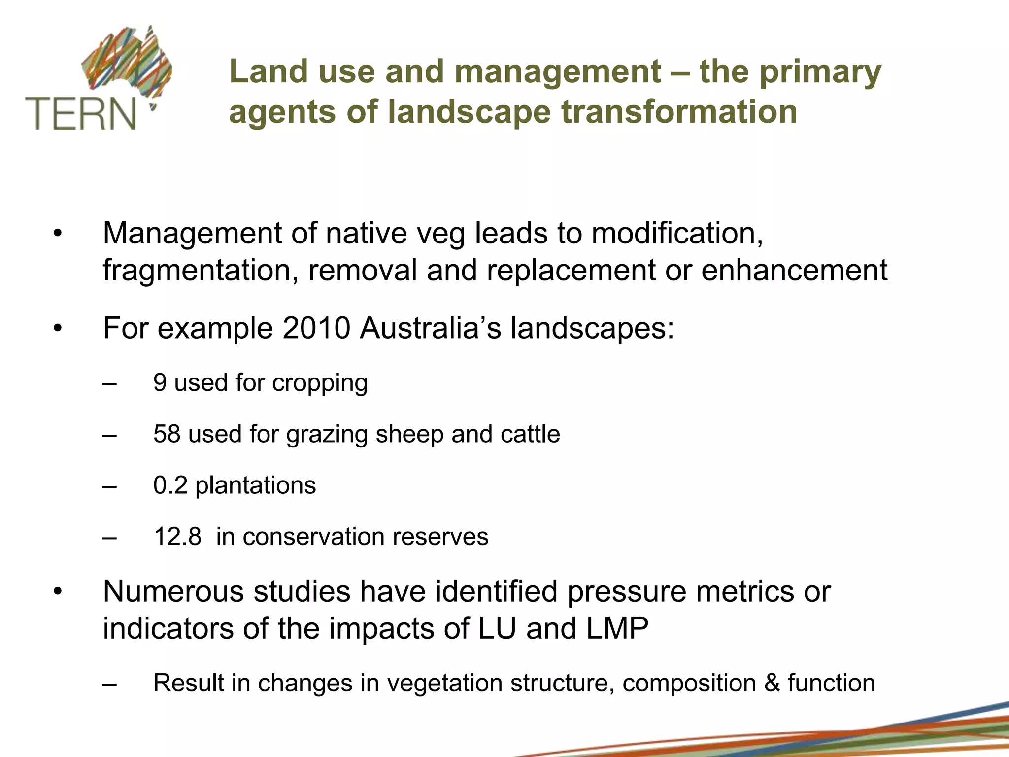 Australia’s future landscapes – The big issues and questionsBiodiversity conservation, biodiverse carbon, biosequestration, food security - agriculture moving to northern Australia etcWhat has happened in this landscape over time e.g.  <200yrs?How might historic/ contemporary impacts of land use (LU) and land management practices (LMP) affect future land use options/ decisions?