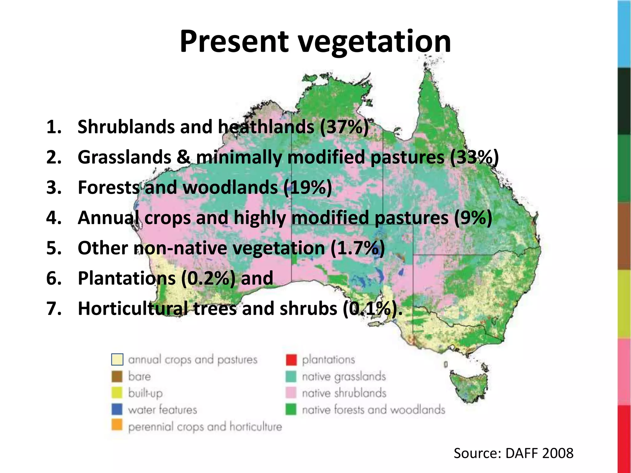 Present vegetation
1. Shrublands and heathlands (37%)
2. Grasslands & minimally modified pastures (33%)
3. Forests and woodlands (19%)
4. Annual crops and highly modified pastures (9%)
5. Other non-native vegetation (1.7%)
6. Plantations (0.2%) and
7. Horticultural trees and shrubs (0.1%).
Source: DAFF 2008
 