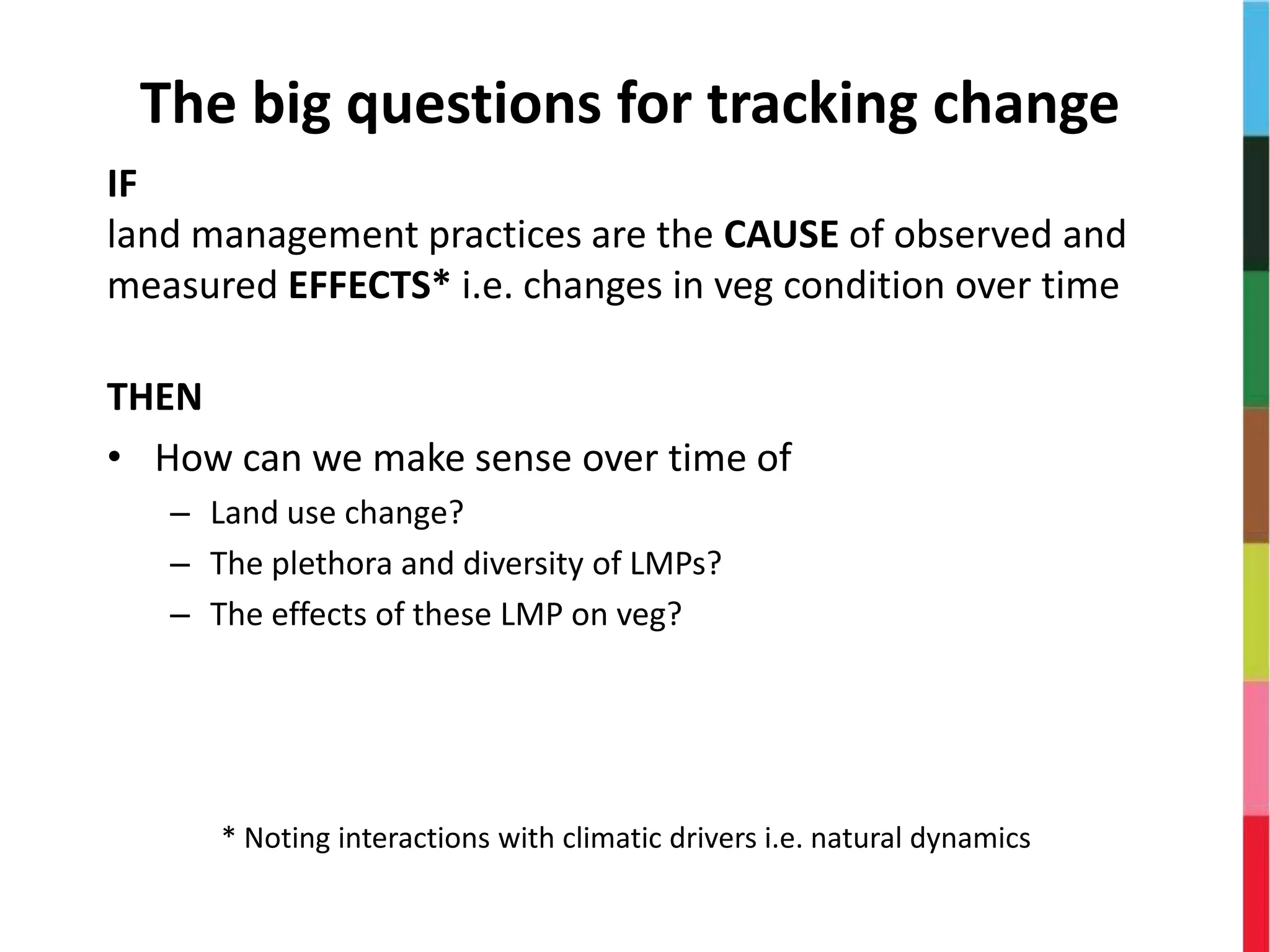 The big questions for tracking change
IF
land management practices are the CAUSE of observed and
measured EFFECTS* i.e. changes in veg condition over time
THEN
• How can we make sense over time of
– Land use change?
– The plethora and diversity of LMPs?
– The effects of these LMP on veg?
* Noting interactions with climatic drivers i.e. natural dynamics
 