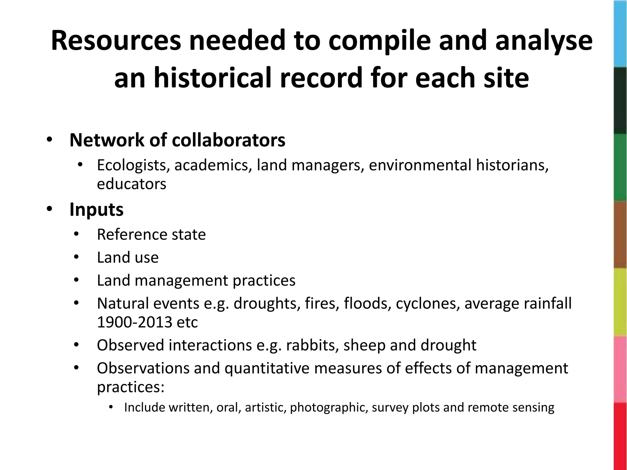 • Network of collaborators
• Ecologists, academics, land managers, environmental historians,
educators
• Inputs
• Reference state
• Land use
• Land management practices
• Natural events e.g. droughts, fires, floods, cyclones, average rainfall
1900-2013 etc
• Observed interactions e.g. rabbits, sheep and drought
• Observations and quantitative measures of effects of management
practices:
• Include written, oral, artistic, photographic, survey plots and remote sensing
Resources needed to compile and analyse
an historical record for each site
 