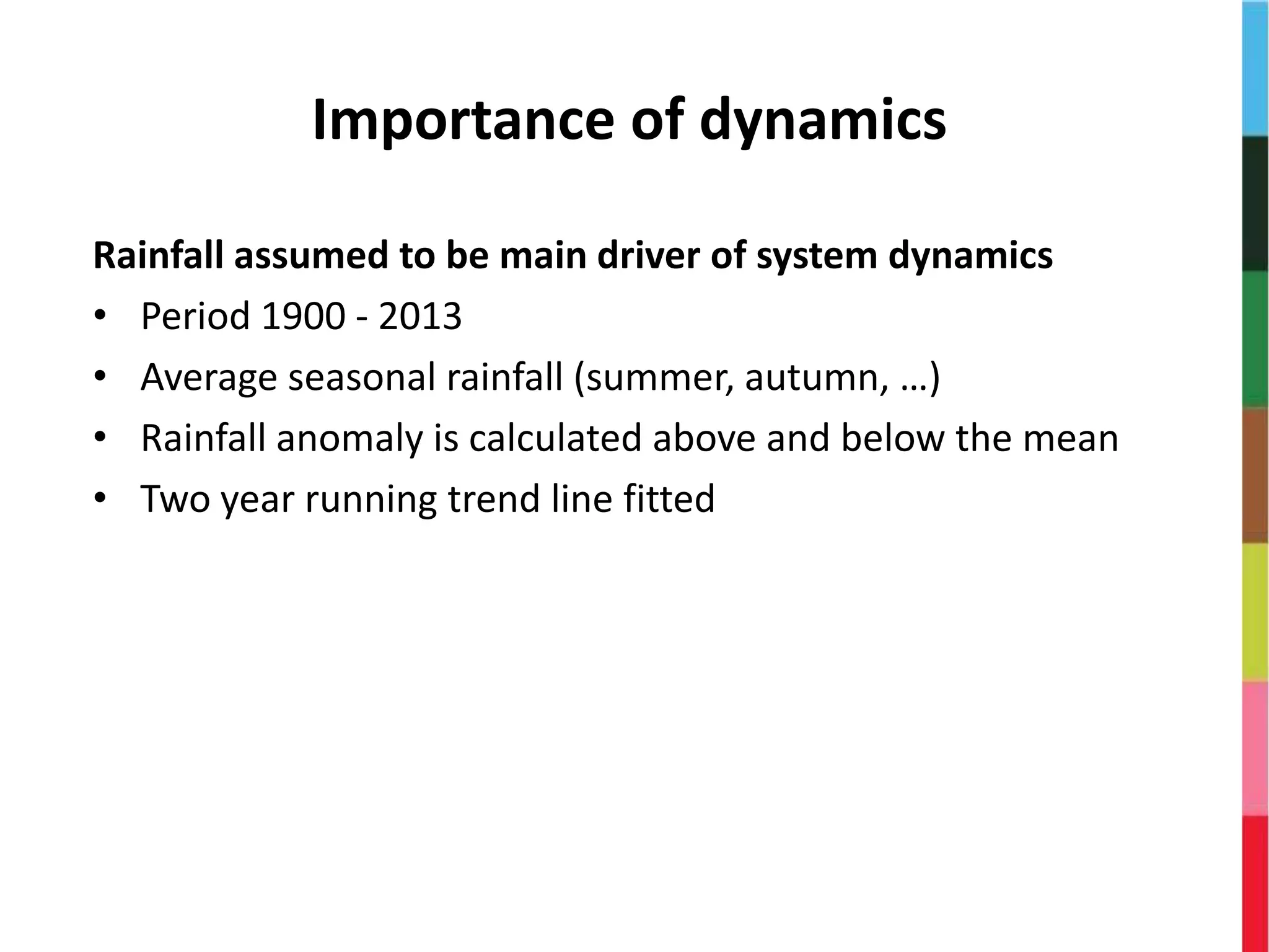 Importance of dynamics
Rainfall assumed to be main driver of system dynamics
• Period 1900 - 2013
• Average seasonal rainfall (summer, autumn, …)
• Rainfall anomaly is calculated above and below the mean
• Two year running trend line fitted
 