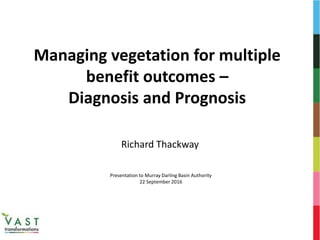 Managing vegetation for multiple
benefit outcomes –
Diagnosis and Prognosis
Richard Thackway
Presentation to Murray Darling Basin Authority
22 September 2016
 