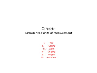 CarucateFarm derived units of measurement Rod Furlong  Acre Ox gang Virgate Carucate 