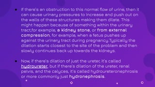 ● If there’s an obstruction to this normal ﬂow of urine, then it
can cause urinary pressures to increase and push out on
the walls of these structures making them dilate. This
might happen because of something within the urinary
tract,for example, a kidney stone, or from external
compression, for example, when a fetus pushes up
against the urinary tract during pregnancy.Typically the
dilation starts closest to the site of the problem and then
slowly continues back up towards the kidneys.
● Now, if there’s dilation of just the ureter, it’s called
hydroureter, but if there’s dilation of the ureter, renal
pelvis, and the calyces, it’s called hydroureteronephrosis
or more commonly just hydronephrosis.
 