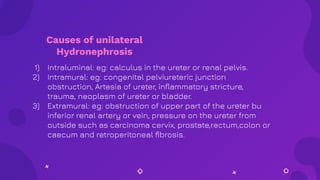 Causes of unilateral
Hydronephrosis
1) Intraluminal: eg: calculus in the ureter or renal pelvis.
2) Intramural: eg: congenital pelviureteric junction
obstruction, Artesia of ureter, inﬂammatory stricture,
trauma, neoplasm of ureter or bladder.
3) Extramural: eg: obstruction of upper part of the ureter bu
inferior renal artery or vein, pressure on the ureter from
outside such as carcinoma cervix, prostate,rectum,colon or
caecum and retroperitoneal ﬁbrosis.
 