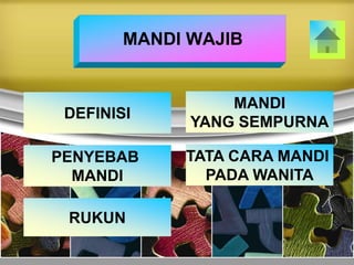 MANDI WAJIB
DEFINISI
PENYEBAB
MANDI
RUKUN
TATA CARA MANDI
PADA WANITA
MANDI
YANG SEMPURNA
 