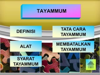 TAYAMMUM
DEFINISI
ALAT
SYARAT
TAYAMMUM
MEMBATALKAN
TAYAMMUM
TATA CARA
TAYAMMUM
 