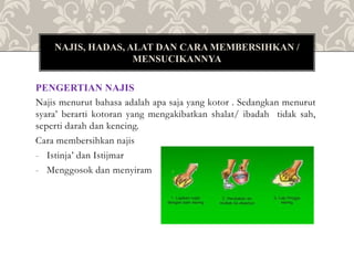 PENGERTIAN NAJIS
Najis menurut bahasa adalah apa saja yang kotor . Sedangkan menurut
syara’ berarti kotoran yang mengakibatkan shalat/ ibadah tidak sah,
seperti darah dan kencing.
Cara membersihkan najis
- Istinja’ dan Istijmar
- Menggosok dan menyiram
NAJIS, HADAS, ALAT DAN CARA MEMBERSIHKAN /
MENSUCIKANNYA
 