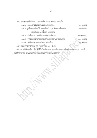 ๙



      ๓.๔. เกณฑ์การให้คะแนน คะแนนเต็ม ๑๐๐ คะแนน แบ่งเป็น
            ๓.๔.๑ ถูกต้องตามฉันทลักษณ์ของบทร้อยกรอง                                  ๓๐ คะแนน
            ๓.๔.๒ ถูกต้องตามอักขรวิธี (ออกเสียงตัว ร, ล คาควบกล้า ฯลฯ)               ๓๐ คะแนน
                         (ออกเสียงผิด ๑ ครั้ง หัก ๒ คะแนน)
            ๓.๔.๓ น้าเสียง ความหนักเบา และความชัดเจน                                ๒๐ คะแนน
            ๓.๔.๔ อารมณ์ความรู้สึกสอดคล้องกับบทอาขยานทานองเสนาะ                     ๑๐ คะแนน
            ๓. ๔.๕ บุคลิกภาพ ความสง่างาม ความมั่นใจ                                  ๑๐ คะแนน
      ๓.๕ คณะกรรมการการแข่งขัน ระดับชั้นละ ๓ – ๕ คน
      ๓.๖ สถานทีจัดแข่งขัน จัดเวทีให้นักเรียนขึ้นท่องอาขยานทานองเสนาะต่อหน้าคณะกรรมการ และมี
                 ่
ทีนั่งสาหรับผู้ชม ส่วนนักเรียนที่ยังไม่ได้เข้าแข่งขันให้พักในห้องเก็บตัว
  ่
 