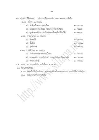 ๑๑

๔.๔. เกณฑ์การให้คะแนน แต่ละรอบมีคะแนนเต็ม ๑๐๐ คะแนน แบ่งเป็น
       ๔.๔.๑ เนื้อหา ๔๐ คะแนน
            ๑) ลาดับเนื้อหา ความต่อเนื่อง                              ๒๐ คะแนน
            ๒) ความถูกต้องของข้อมูล ความสอดคล้องกับหัวข้อ              ๑๐ คะแนน
            ๓) คุณค่าของเนื้อหา (ประโยชน์ของเนื้อหาที่จะนาไปใช้)       ๑๐ คะแนน
      ๔.๔.๒ การนาเสนอ ๓๐ คะแนน
            ๑) อักขรวิธี                                               ๑๐ คะแนน
            ๒) น้าเสียง                                                ๑๐ คะแนน
            ๓) บุคลิกภาพ                                               ๑๐ คะแนน
     ๔.๔.๓ การใช้ภาษา ๓๐ คะแนน
            ๑) ระดับภาษาเหมาะสมกับเนื้อหา                              ๑๐ คะแนน
            ๒) ความถูกต้อง (การเลือกใช้คา การผูกประโยค ไวยากรณ์)       ๑๐ คะแนน
            ๓) สานวนโวหาร                                              ๑๐ คะแนน
๔.๕ คณะกรรมการการแข่งขัน ระดับชั้นละ ๓ – ๕ คน
 ๔.๖ สถานทีจัดแข่งขัน
            ่
      ๔.๖.๑ จัดเวทีให้นักเรียนขึ้นกล่าวสุนทรพจน์ต่อหน้าคณะกรรมการ และมีที่นั่งสาหรับผู้ชม
      ๔.๖.๒ ห้องเก็บตัวผู้ที่รอการแข่งขัน
 