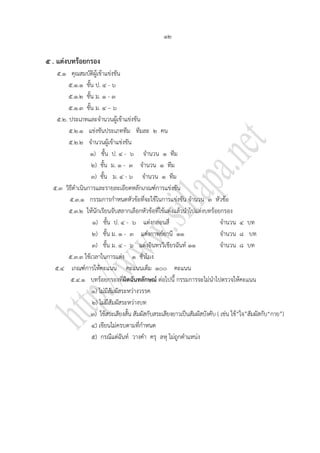 ๑๒

๕ . แต่งบทร้อยกรอง
   ๕.๑ คุณสมบัติผู้เข้าแข่งขัน
        ๕.๑.๑ ชั้น ป. ๔ - ๖
        ๕.๑.๒ ชั้น ม. ๑ - ๓
        ๕.๑.๓ ชั้น ม. ๔ – ๖
   ๕.๒. ประเภทและจานวนผู้เข้าแข่งขัน
        ๕.๒.๑ แข่งขันประเภททีม ทีมละ ๒ คน
        ๕.๒.๒ จานวนผู้เข้าแข่งขัน
                 ๑) ชั้น ป. ๔ - ๖ จานวน ๑ ทีม
                  ๒) ชั้น ม. ๑ - ๓ จานวน ๑ ทีม
                 ๓) ชั้น ม. ๔ - ๖ จานวน ๑ ทีม
  ๕.๓ วิธีดาเนินการและรายละเอียดหลักเกณฑ์การแข่งขัน
        ๕.๓.๑ กรรมการกาหนดหัวข้อที่จะใช้ในการแข่งขัน จานวน ๓ หัวข้อ
        ๕.๓.๒ ให้นักเรียนจับสลากเลือกหัวข้อที่ใช้แต่งแล้วนาไปแต่งบทร้อยกรอง
                  ๑) ชั้น ป. ๔ - ๖ แต่งกลอนสี่                              จานวน ๔ บท
                  ๒) ชั้น ม. ๑ - ๓ แต่งกาพย์ยานี ๑๑                         จานวน ๘ บท
                  ๓) ชั้น ม. ๔ - ๖ แต่งอินทรวิเชียรฉันท์ ๑๑                 จานวน ๘ บท
        ๕.๓.๓ ใช้เวลาในการแต่ง ๑ ชั่วโมง
  ๕.๔ เกณฑ์การให้คะแนน คะแนนเต็ม ๑๐๐ คะแนน
         ๕.๔.๑ บทร้อยกรองทีผิดฉันทลักษณ์ ต่อไปนี้ กรรมการจะไม่นาไปตรวจให้คะแนน
                                 ่
                  ๑) ไม่มีสัมผัสระหว่างวรรค
                  ๒) ไม่มีสัมผัสระหว่างบท
                  ๓) ใช้สระเสียงสั้น สัมผัสกับสระเสียงยาวเป็นสัมผัสบังคับ ( เช่น ใช้“ใจ”สัมผัสกับ“กาย”)
                  ๔) เขียนไม่ครบตามที่กาหนด
                  ๕) กรณีแต่ฉันท์ วางคา ครุ ลหุ ไม่ถูกตาแหน่ง
 