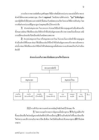12


          การบริหารราชการสมัยตนกรุงศรีอยุธยาไดมีการจัดตั้งตําแหนงงาน และแตงตั้งขาราชการ
ทําหนาที่สนองพระเดชพระคุณ เรียกวา จตุสดมภ โดยมีเสนาบดีตําแหนง “ขุน” บังคับบัญชา
และปฏิบัติหนาที่ชวยพระมหากษัตริย ซึ่งตอมาในสมัยพระบรมไตรโลกนาถไดมีการปรับปรุง โดย
การเพิ่มตําแหนงงานที่มีฐานะสูงกวาจตุสดมภอีก 2 ตําแหนง คือ
          1) ตําแหนงสมุหนายก ในระยะแรก กําหนดใหมีหนาที่ควบคุมดูแลหัวเมืองฝายเหนือ
ทั้งหมด แตตอมาไดเปลี่ยนแปลงใหทําหนาที่บังคับบัญชาเฉพาะขาราชการพลเรือนทั้งหมด แตมี
การเปลี่ยนแปลงกลับไปเหมือนเดิมในสมัยพระเพทราชา
          2) ตําแหนงสมุหกลาโหม หรือสมุหพระกลาโหม ในระยะเริ่มแรกมีหนาที่ควบคุมดูแล
หัวเมืองฝายใตทั้งหมด ตอมาไดเปลี่ยนแปลงใหมีหนาที่บังคับบัญชาเฉพาะขาราชการฝายทหาร
เทานั้น ตอมาไดเปลี่ยนแปลงใหมีหนาที่รับผิดชอบดูแลทั้งฝายทหารและฝายพลเรือนในหัวเมือง
ฝายใต

                        ตําแหนงงานในราชธานีสมัยพระบรมไตรโลกนาถ


                                               พระมหากษัตริย



                 สมุหนายก                                               สมุหกลาโหม




 กรมเวียง         กรมวัง           กรมคลัง          กรมนา          กรม       กรมดาบ    กรม       อื่น ๆ
(นครบาล)       (ธรรมาธิกรณ)     (โกษาธิบดี)     (เกษตราธิการ)   พระตํารวจ   สองมือ   ทหารใน




                2.2.2 การเขารับราชการแตกตางจากสมัยสุโขทัยโดยมี 2 ลักษณะ คือ
                        1) โดยการเกณฑ ชายฉกรรจทุกคนเมื่อมีอายุครบ 18 ปบริบูรณตองไป
ขึ้นทะเบียนเปนไพรสมมีมูลนายสังกัดเพื่อรับใช จนเมื่ออายุ 20 ป จะยายสังกัดไปขึ้นทะเบียนเปน
ไพรหลวง และเขาเวรยามรับราชการปละ 6 เดือน โดยไมมีเงินเดือนคาจางจนอายุครบ 60 ป จึงปลด
ราชการ


สุขสันติ์ บุณยากร : ระบบบริหารราชการไทย
 