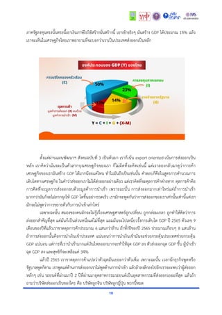 18
ภาครัฐลงทุนตรงนั้นตรงนี้เอาเงินภาษีไปใช้สร้างนั่นสร้างนี้ เอาเข้าจริงๆ มันสร้าง GDP ได้ประมาณ 14% แล้ว
เราจะเห็นในเศรษฐกิจไทยเราพยายามที่จะบอกว่าเราเป็นประเทศส่งออกเป็นหลัก
ตั้งแต่ผ่านแผนพัฒนาฯ สังคมฉบับที่ 3 เป็นต้นมา เราก็เน้น export oriented เน้นการส่งออกเป็น
หลัก เราคิดว่ามันจะเป็นตัวลากจุงเศรษฐกิจของเรา ก็ไม่ผิดที่จะคิดเช่นนี้ แต่เราลองกลับมาดูว่าการค้า
เศรษฐกิจของเรามันสร้าง GDP ได้มากน้อยแค่ไหน ทำไมมันถึงเป็นเช่นนั้น คำตอบก็คือในสูตรการคำนวณการ
เติบโตทางเศรษฐกิจ ในคำว่าส่งออกเราไม่ได้ส่งออกอย่างเดียว แต่เราคิดที่จะดุลการค้าต่างหาก ดุลการค้าคือ
การคิดที่จะมูลการส่งออกลบด้วยมูลค้าการนำเข้า เพราะฉะนั้น การส่งออกมากเท่าไหร่แต่ถ้าการนำเข้า
มากกว่ามันก็จะไม่ลากจุงให้ GDP โตขึ้นอย่างรวดเร็ว เรามักจะพูดกันว่าการส่งออกของเราเท่านั้นเท่านี้แต่เรา
มักจะไม่พูดว่าการขยายตัวกับการนำเข้าเท่าไหร่
เฉพาะฉะนั้น สมองของคนมักจะไม่รู้เรื่องเศรษฐศาสตร์ถูกเปลี่ยน ถูกกล่อมเกลา ถูกทำให้คิดว่าการ
ส่งออกสำคัญที่สุด แต่มันก็เป็นส่วนหนึ่งแต่ไม่ที่สุด แถมมันจะไปเหนี่ยวรั้งการเติบโต GDP ปี 2565 ตัวเลข 9
เดือนของปีที่แล้วเราขาดดุลการค้าประมาณ 6 แสนกว่าล้าน ถ้าทั้งปีของปี 2565 ประมาณเกือบๆ 8 แสนล้าน
ถ้าการส่งออกนั้นคือการนำเงินเข้าประเทศ แน่นอนว่าการนำเงินเข้ามันจะช่วยกระตุ้นประเทศช่วยกระตุ้น
GDP แน่นอน แต่การที่เรานำเข้ามากแต่เงินไหลออกมากจะทำให้ฉุด GDP ลง ตัวส่งออกฉุด GDP ขึ้น ผู้นำเข้า
ฉุด GDP ลง และสุทธิก็จะเหลือแค่ 34%
แล้วปี 2565 เราขาดดุลการค้าแปลว่าตัวฉุดมันเยอะกว่าตัวเพิ่ม เพราะฉะนั้น เวลานักธุรกิจพูดหรือ
รัฐบาลพูดก็ตาม เราพูดแต่ด้านการส่งออกเราไม่พูดด้านการนำเข้า แล้วถ้าลงลึกลงไปอีกเราจะะพบว่าผู้ส่งออก
หลักๆ เช่น รถยนต์ที่ผ่านมาปี 2 ปีที่ผ่านมาอุตสาหกรรมรถยนต์เป็นอุตสาหกรรมที่ส่งออกเยอะที่สุด แล้วถ้า
ถามว่าบริษัทส่งออกเป็นของใคร คือ บริษัทลูกจีน บริษัทลูกญี่ปุ่น พวกนี้หมด
 
