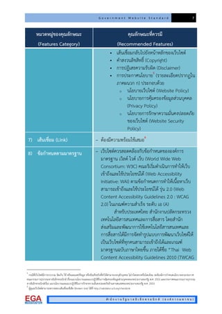 G o v e r n m e n t W e b s i t e S t a n d a r d 7
สํา นั ก ง า น รั ฐ บ า ล อิ เ ล็ ก ท ร อ นิ ก ส ( อ ง ค ก า ร ม ห า ช น )
หมวดหมูของคุณลักษณะ
(Features Category)
คุณลักษณะที่ควรมี
(Recommended Features)
 เสนเชื่อมกลับไปยังหนาหลักของเว็บไซต
 คําสงวนลิขสิทธิ์ (Copyright)
 การปฏิเสธความรับผิด (Disclaimer)
 การประกาศนโยบาย5
(รายละเอียดปรากฏใน
ภาคผนวก ก) ประกอบดวย
o นโยบายเว็บไซต (Website Policy)
o นโยบายการคุมครองขอมูลสวนบุคคล
(Privacy Policy)
o นโยบายการรักษาความมั่นคงปลอดภัย
ของเว็บไซต (Website Security
Policy)
7) เสนเชื่อม (Link) – ตองมีความพรอมใชเสมอ6
8) ขอกําหนดตามมาตรฐาน – เว็บไซตควรสอดคลองกับขอกําหนดขององคการ
มาตรฐาน เวิลด ไวด เว็บ (World Wide Web
Consortium: W3C) คณะริเริ่มดําเนินการทําใหเว็บ
เขาถึงและใชประโยชนได (Web Accessibility
Initiative: WAI) ตามขอกําหนดการทําใหเนื้อหาเว็บ
สามารถเขาถึงและใชประโยชนได รุน 2.0 (Web
Content Accessibility Guidelines 2.0 : WCAG
2.0) ในเกณฑความสําเร็จ ระดับ เอ (A)
สําหรับประเทศไทย สํานักงานปลัดกระทรวง
เทคโนโลยีสารสนเทศและการสื่อสาร โดยสํานัก
สงเสริมและพัฒนาการใชเทคโนโลยีสารสนเทศและ
การสื่อสารไดมีการจัดทํารูปแบบการพัฒนาเว็บไซตให
เปนเว็บไซตที่ทุกคนสามารถเขาถึงไดและเกณฑ
มาตรฐานฉบับภาษาไทยขึ้น ภายใตชื่อ “Thai Web
Content Accessibility Guidelines 2010 (TWCAG
5
กรณีที่เว็บไซตมีการรวบรวม จัดเก็บ ใช หรือเผยแพรขอมูล หรือขอเท็จจริงที่ทําใหสามารถระบุตัวบุคคล ไมวาโดยตรงหรือโดยออม จะตองมีการกําหนดนโยบายตามประกาศ
คณะกรรมการธุรกรรมทางอิเล็กทรอนิกส เรื่องแนวนโยบายและแนวปฏิบัติในการคุมครองขอมูลสวนบุคคลของหนวยงานของรัฐ พ.ศ. 2553 และประกาศคณะกรรมการธุรกรรม
ทางอิเล็กทรอนิกสเรื่อง แนวนโยบายและแนวปฏิบัติในการรักษาความมั่นคงปลอดภัยดานสารสนเทศของหนวยงานของรัฐ พ.ศ. 2553
6
ผูดูแลเว็บไซตสามารถตรวจสอบเสนเชื่อมที่เสีย (Broken link) ไดที่ http://validator.w3.org/checklink
 