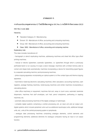132 ศูนยเทคโนโลยีอิเล็กทรอนิกสและคอมพิวเตอรแหงชาติ
ภาคผนวก ก
การจําแนกประเภทอุตสาหกรรม ICT โดยใชรหัสมาตรฐาน ISIC Rev.3 ภายใตคําจํากัดความของ OECD
ISIC Rev.3 code 3000
Hierarchy
• Tabulation Category: D - Manufacturing
• Division: 30 - Manufacture of office, accounting and computing machinery
• Group: 300 - Manufacture of office, accounting and computing machinery
• Class: 3000 - Manufacture of office, accounting and computing machine
Explanatory note
This class includes manufacture of:
- hectograph or stencil duplicating machines, addressing machines and sheet fed office type offset
printing machines.
- manual or electric typewriters; automatic typewriters, i.e. typewriters through which a previously
perforated band is run causing it to type a stock message; machines with a limited memory able to
correct and retype texts automatically; machines incorporating a device for transmitting typed figures
to a separate calculating machine; word-processing machines.
- photo-copying apparatus incorporating an optical system or of the contact type and thermo-copying
apparatus.
- hand held or desk-top electronic calculating machines; other calculators; accounting machines, cash
registers, postage franking machines, ticket-issuing machines and similar machines incorporating a
calculating device.
- other office machinery or equipment: machines that sort, wrap or count coins; automatic banknote
dispensers; machines that stuff envelopes, sort mail; pencil sharpeners, perforating or stapling
machines, etc.
- automatic data processing machines of the digital, analogue or hybrid type.
- complete digital systems comprising a central processing unit, an input unit and an output unit;
digital systems which include peripheral units such as additional input/output units, additional storage
units, etc.; units of the central processing system or peripherals.
- analogue data processing machines comprising analogue elements, control elements and
programming elements; additional elements for analogue computers having an input or an output
function.
 