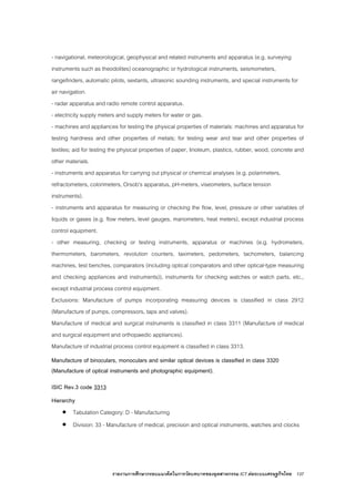รายงานการศึกษากรอบแนวคิดในการวัดบทบาทของอุตสาหกรรม ICT ตอระบบเศรษฐกิจไทย 137
- navigational, meteorological, geophysical and related instruments and apparatus (e.g. surveying
instruments such as theodolites) oceanographic or hydrological instruments, seismometers,
rangefinders, automatic pilots, sextants, ultrasonic sounding instruments, and special instruments for
air navigation.
- radar apparatus and radio remote control apparatus.
- electricity supply meters and supply meters for water or gas.
- machines and appliances for testing the physical properties of materials: machines and apparatus for
testing hardness and other properties of metals; for testing wear and tear and other properties of
textiles; aid for testing the physical properties of paper, linoleum, plastics, rubber, wood, concrete and
other materials.
- instruments and apparatus for carrying out physical or chemical analyses (e.g. polarimeters,
refractometers, colorimeters, Orsob's apparatus, pH-meters, viseometers, surface tension
instruments).
- instruments and apparatus for measuring or checking the flow, level, pressure or other variables of
liquids or gases (e.g. flow meters, level gauges, manometers, heat meters), except industrial process
control equipment.
- other measuring, checking or testing instruments, apparatus or machines (e.g. hydrometers,
thermometers, barometers, revolution counters, taximeters, pedometers, tachometers, balancing
machines, test benches, comparators (including optical comparators and other optical-type measuring
and checking appliances and instruments)), instruments for checking watches or watch parts, etc.,
except industrial process control equipment.
Exclusions: Manufacture of pumps incorporating measuring devices is classified in class 2912
(Manufacture of pumps, compressors, taps and valves).
Manufacture of medical and surgical instruments is classified in class 3311 (Manufacture of medical
and surgical equipment and orthopaedic appliances).
Manufacture of industrial process control equipment is classified in class 3313.
Manufacture of binoculars, monoculars and similar optical devices is classified in class 3320
(Manufacture of optical instruments and photographic equipment).
ISIC Rev.3 code 3313
Hierarchy
• Tabulation Category: D - Manufacturing
• Division: 33 - Manufacture of medical, precision and optical instruments, watches and clocks
 