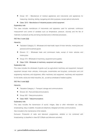 138 ศูนยเทคโนโลยีอิเล็กทรอนิกสและคอมพิวเตอรแหงชาติ
• Group: 331 - Manufacture of medical appliances and instruments and appliances for
measuring, checking, testing, navigating and other purposes, except optical instruments
• Class: 3313 - Manufacture of industrial process control equipment
Explanatory note
This class includes manufacture of instruments and apparatus used for automatic continuous
measurement and control of variables such as temperature, pressure, viscosity and the like of
materials or products as they are being manufactured or otherwise processed.
ISIC Rev.3 code 5150
Hierarchy
• Tabulation Category: G - Wholesale and retail trade; repair of motor vehicles, motorcycles and
personal and household goods
• Division: 51 - Wholesale trade and commission trade, except of motor vehicles and
motorcycles
• Group: 515 - Wholesale of machinery, equipment and supplies
• Class: 5150 - Wholesale of machinery, equipment and supplies
Explanatory note
This class includes the wholesale of goods such as agricultural machinery and equipment, transport
equipment (except motor vehicles, motorcycles, snowmobiles and bicycles), construction and civil
engineering machinery and equipment, office machinery and equipment, machinery and equipment
for the textile, wood and metal industries, etc., as well as wholesale of related supplies.
ISIC Rev.3 code 6420
Hierarchy
• Tabulation Category: I - Transport, storage and communications
• Division: 64 - Post and telecommunications
• Group: 642 - Telecommunications
• Class: 6420 - Telecommunications
Explanatory note
This class includes the transmission of sound, images, data or other information via cables,
broadcasting, relay or satellite. Included are telephone, telegraph and telex communications.
Also included is the maintenance of the network.
Exclusion: Production of radio and television programmes, whether or not combined with
broadcasting, is classified in class 9213 (Radio and television activities).
 