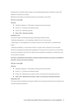 รายงานการศึกษากรอบแนวคิดในการวัดบทบาทของอุตสาหกรรม ICT ตอระบบเศรษฐกิจไทย 141
Development of computer systems ready to use including programming is classified in class 7220
(Software consultancy and supply).
Maintenance and repair of computing machinery are classified in class 7250.
ISIC Rev.3 code 7240
Hierarchy
• Tabulation Category: K - Real estate, renting and business activities
• Division: 72 - Computer and related activities
• Group: 724 - Data base activities
• Class: 7240 - Data base activities
Explanatory note
This class includes the following three types of data base related activities:
- Data base development, i.e. the assembly of data from one or more sources.
- Data storage, i.e. the preparation of a computer record for such information in a predetermined
format.
- Data base availability, i.e. the provision of data in a certain order or sequence, by on-line data
retrieval or accessibility (computerized management). The data can be of any kind, such as financial,
economical, statistical or technical. The data may be accessible to everybody or to limited users and
can be sorted on demand.
Exclusions: Computerized documentation activities provided by libraries and archives are classified in
class 9231 (Library and archives activities).
ISIC Rev.3 code 7250
Hierarchy
• Tabulation Category: K - Real estate, renting and business activities
• Division: 72 - Computer and related activities
• Group: 725 - Maintenance and repair of office, accounting and computing machinery
• Class: 7250 - Maintenance and repair of office, accounting and computing machinery
Explanatory note
This class includes maintenance and repair of office and accounting machinery and of computers and
computer peripheral equipment.
 