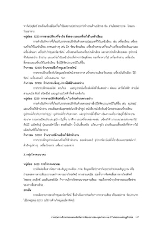 รายงานการศึกษากรอบแนวคิดในการวัดบทบาทของอุตสาหกรรม ICT ตอระบบเศรษฐกิจไทย 147
ฟารมปศุสัตว รวมถึงเครื่องมือเครื่องใชในสถานประกอบการทํางานดานบริการ เชน งานโรงพยาบาล โรงแรม
รานอาหาร
หมูยอย 5233 การขายปลีกเครื่องมือ สิ่งของ และเครื่องใชในครัวเรือน
การดําเนินกิจการที่เกี่ยวกับการขายปลีกสินคาเฉพาะประเภทที่ใชในครัวเรือน เชน เครื่องเรือน เครื่อง-
อเครื่องใชในครัวเรือน ภาชนะตางๆ เชน มีด ชอน ชอนสอม เครื่องถวยชาม เครื่องแกว เครื่องเคลือบดินเผาและ
เครื่องดินเผา เครื่องรับวิทยุและโทรทัศน เครื่องดนตรีและเครื่องบันทึกเสียง และแถบบันทึกเสียงเพลง อุปกรณ.
ที่ใหแสงสวาง ผามาน และเครื่องใชในครัวเรือนที่ทําจากวัสดุสิ่งทอ ของที่ทําจากไม เครื่องจักสาน เครื่องมือ
สิ่งของและเครื่องใชในครัวเรือน ซึ่งมิไดจัดประเภทไวในที่อื่น
กิจกรรม 52335 รานขายปลีกวิทยุและโทรทัศน
การขายปลีกเครื่องรับวิทยุและโทรทัศน สายอากาศ เครื่องขยายเสียง หีบเพลง เครื่องบันทึกเสียง วีดี-
ทัศน เครื่องดนตรี เครื่องเลนเกม ฯลฯ
กิจกรรม 52336 รานขายปลีกอุปกรณไฟฟาแสงสวาง
การขายปลีกหลอดไฟ ตะเกียง และอุปกรณเครื่องติดตั้งที่ใหแสงสวาง พัดลม เตารีดไฟฟา สายไฟ
สายเคเบิล ฟวส สวิตซไฟ และอุปกรณไฟฟาที่คลายคลึงกัน
หมูยอย 5239 การขายปลีกสินคาอื่นๆ ในรานคาเฉพาะอยาง
การดําเนินกิจการที่เกี่ยวกับการขายปลีกสินคาเฉพาะอยางซึ่งมิไดจัดประเภทไวในที่อื่น เชน อุปกรณ
และเครื่องใชสํานักงาน คอมพิวเตอรและซอฟตแวรสําเร็จรูป หนังสือ หนังสือพิมพ นิตยสารและเครื่องเขียน
อุปกรณเกี่ยวกับการถายรูป อุปกรณเกี่ยวกับสายตา และอุปกรณที่ใชในการวัดความเที่ยง วัสดุที่ใชทําความ
สะอาด กระดาษปดผนัง และอุปกรณปูพื้น นาฬิกา และเครื่องเพชรพลอย เครื่องกีฬา เกมและของเลน ดอกไม
ตนไม เมล็ดพันธุ ปุยและสัตวเลี้ยง ของที่ระลึก น้ํามันเชื้อเพลิง แกสบรรจุถัง ถานหินและเชื้อเพลิงที่ทําจากไม
ผลิตภัณฑที่ไมใชอาหาร
กิจกรรม 52391 รานขายปลีกเครื่องใชสํานักงาน
การขายปลีกอุปกรณและเครื่องใชสํานักงาน คอมพิวเตอร อุปกรณอะไหลที่เกี่ยวของและซอฟตแวร
สําเร็จรูปตางๆ เครื่องโทรสาร เครื่องถายเอกสาร
3. กลุมโทรคมนาคม
หมูยอย 6420 การโทรคมนาคม
การติดตอสื่อสารโดยการสงสัญญาณเสียง ภาพ ขอมูลหรือขาวสารโดยการถายทอดสัญญาณ หรือ
ถายทอดทางดาวเทียม การแพรภาพรายการโทรทัศน ทางสายเคเบิล รวมทั้งการติดตอสื่อสารทางโทรศัพท
โทรสาร เทเล็กซ และอินเทอรเน็ต กิจการบริการโทรคมนาคมดาวเทียม รวมถึงการบํารุงรักษาระบบเครือขาย
ของการสื่อสารดวย
ยกเวน
การผลิตรายการทางวิทยุและโทรทัศน ซึ่งดําเนินการรวมกับการกระจายเสียง หรือแพรภาพ จัดประเภท
ไวในหมูยอย 9213 (บริการดานวิทยุและโทรทัศน)
 