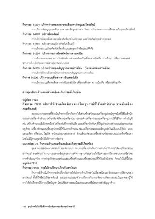 148 ศูนยเทคโนโลยีอิเล็กทรอนิกสและคอมพิวเตอรแหงชาติ
กิจกรรม 64201 บริการถายทอดกระจายเสียงทางวิทยุและโทรทัศน
การบริการสงสัญญาณเสียง ภาพ และขอมูลขาวสาร โดยการถายทอดกระจายเสียงทางวิทยุและโทรทัศน
กิจกรรม 64202 บริการโทรศัพท
การบริการติดตอสื่อสารทางโทรศัพทภายในประเทศ และโทรศัพทระหวางประเทศ
กิจกรรม 64203 บริการระบบโทรศัพทเคลื่อนที่
การบริการระบบโทรศัพทเคลื่อนที่แบบเซลลูลาร หรือแบบดิจิทัล
กิจกรรม 64204 บริการรายการโทรทัศนทางสายเคเบิล
การบริการแพรภาพรายการโทรทัศนทางสายเคเบิลหรือเพื่อความบันเทิง การศึกษา หรือการเผยแพร
ขาว รวมถึงบริการแพรภาพทางโทรทัศนวงจรปด
กิจกรรม 64205 บริการถายทอดสัญญาณทางดาวเทียม (โทรคมนาคมดาวเทียม)
การบริการติดตอสื่อสารโดยการถายทอดสัญญาณทางดาวเทียม
กิจการ 64206 บริการระบบสื่อสารทางอินเทอรเน็ต
การบริการระบบติดตอสื่อสารทางอินเทอรเน็ต เพื่อการศึกษา ความบันเทิง หรือการคาธุรกิจ
4. กลุมบริการดานคอมพิวเตอรและกิจกรรมที่เกี่ยวของ
หมูยอย 7123
กิจกรรม 71230 บริการใหเชาเครื่องจักรและเครื่องอุปกรณที่ใชในสํานักงาน (รวมทั้งเครื่อง
คอมพิวเตอร)
สถานประกอบการที่ดําเนินกิจการเกี่ยวกับการใหเชาเครื่องจักรและเครื่องอุปกรณทุกชนิดที่ใชในสํานัก
งาน เชน เครื่องทําสําเนา เครื่องพิมพดีดและเครื่องประมวลผลคํา เครื่องจักรและเครื่องอุปกรณที่ใชในการทําบัญชี
เชน เครื่องคํานวณอิเล็กทรอนิกส เครื่องบันทึกการรับเงิน และเครื่องจักรอื่นๆ ที่มีอุปกรณการคํานวณประกอบรวม
อยูดวย เครื่องจักรและเครื่องอุปกรณที่ใชในการคํานวณ เชน เครื่องประมวลผลขอมูลอัตโนมัติแบบดิจิทัล แบบ
แอนะล็อก หรือแบบ ไฮบริด หนวยประมวลผลกลาง สวนเชื่อมตอและเครื่องอานขอมูลระบบแมเหล็กหรือแสง
โดยไมมีผูควบคุมหรือใหบริการการจัดการ
หมวดยอย 72 กิจกรรมดานคอมพิวเตอรและกิจกรรมที่เกี่ยวของ
อุตสาหกรรมในหมวดยอยนี้ รวมสถานประกอบการที่ดําเนินกิจการหลักเกี่ยวกับการใหคําปรึกษาดาน
ฮารดแวร ซอฟตแวร การประมวลผลขอมูลและการจัดการฐานขอมูลโดยไดรับคาธรรมเนียมตอบแทน หรือโดย
การทําสัญญาจาง การบํารุงรักษาและซอมแซมเครื่องจักรและเครื่องอุปกรณที่ใชในสํานักงาน ก็รวมไวในที่นี้ดวย
หมูยอย 7210
กิจกรรม 72100 การใหคําปรึกษาเกี่ยวกับฮารดแวร
กิจการที่ดําเนินกิจการหลักเกี่ยวกับการใหบริการคําปรึกษาในเรื่องชนิดและลักษณะการใชงานของ
ฮารดแวร ทั้งที่มีหรือไมมีซอฟตแวร ระบบงานประยุกต รวมถึงการวิเคราะหความตองการและปญหาของผูใช
การใหคําปรึกษาวิธีการแกไขปญหา โดยไดรับคาธรรมเนียมตอบแทนหรือโดยการทําสัญญาจาง
 