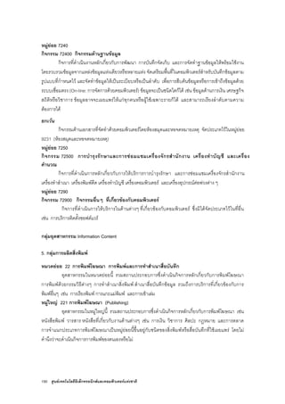 150 ศูนยเทคโนโลยีอิเล็กทรอนิกสและคอมพิวเตอรแหงชาติ
หมูยอย 7240
กิจกรรม 72400 กิจกรรมดานฐานขอมูล
กิจการที่ดําเนินงานหลักเกี่ยวกับการพัฒนา การบันทึกจัดเก็บ และการจัดทําฐานขอมูลใหพรอมใชงาน
โดยรวบรวมขอมูลจากแหลงขอมูลแหงเดียวหรือหลายแหง จัดเตรียมพื้นที่ในคอมพิวเตอรสําหรับบันทึกขอมูลตาม
รูปแบบที่กําหนดไว และจัดทําขอมูลใหเปนระเบียบหรือเปนลําดับ เพื่อการสืบคนขอมูลหรือการเขาถึงขอมูลดวย
ระบบเชื่อมตรง (On-line: การจัดการดวยคอมพิวเตอร) ขอมูลจะเปนชนิดใดก็ได เชน ขอมูลดานการเงิน เศรษฐกิจ
สถิติหรือวิชาการ ขอมูลอาจจะเผยแพรใหแกทุกคนหรือผูใชเฉพาะรายก็ได และสามารถเรียงลําดับตามความ
ตองการได
ยกเวน
กิจกรรมดานเอกสารที่จัดทําดวยคอมพิวเตอรโดยหองสมุดและหอจดหมายเหตุ จัดประเภทไวในหมูยอย
9231 (หองสมุดและหอจดหมายเหตุ)
หมูยอย 7250
กิจกรรม 72500 การบํารุงรักษาและการซอมแซมเครื่องจักรสํานักงาน เครื่องทําบัญชี และเครื่อง
คํานวณ
กิจการที่ดําเนินการหลักเกี่ยวกับการใหบริการการบํารุงรักษา และการซอมแซมเครื่องจักรสํานักงาน
เครื่องทําสําเนา เครื่องพิมพดีด เครื่องทําบัญชี เครื่องคอมพิวเตอร และเครื่องอุปกรณตอพวงตาง ๆ
หมูยอย 7290
กิจกรรม 72900 กิจกรรมอื่นๆ ที่เกี่ยวของกับคอมพิวเตอร
กิจการที่ดําเนินการใหบริการในดานตางๆ ที่เกี่ยวของกับคอมพิวเตอร ซึ่งมิไดจัดประเภทไวในที่อื่น
เชน การบริการติดตั้งซอฟตแวร
กลุมอุตสาหกรรม Information Content
5. กลุมการผลิตสิ่งพิมพ
หมวดยอย 22 การพิมพโฆษณา การพิมพและการทําสําเนาสื่อบันทึก
อุตสาหกรรมในหมวดยอยนี้ รวมสถานประกอบการซึ่งดําเนินกิจการหลักเกี่ยวกับการพิมพโฆษณา
การพิมพดวยกรรมวิธีตางๆ การทําสําเนาสิ่งพิมพ สําเนาสื่อบันทึกขอมูล รวมถึงการบริการที่เกี่ยวของกับการ
พิมพอื่นๆ เชน การเรียงพิมพ การแกะแมพิมพ และการเขาเลม
หมูใหญ 221 การพิมพโฆษณา (Publishing)
อุตสาหกรรมในหมูใหญนี้ รวมสถานประกอบการซึ่งดําเนินกิจการหลักเกี่ยวกับการพิมพโฆษณา เชน
หนังสือพิมพ วารสาร หนังสือที่เกี่ยวกับงานดานตางๆ เชน การเงิน วิชาการ ศิลปะ กฎหมาย และการตลาด
การจําแนกประเภทการพิมพโฆษณาเปนหมูยอยนี้ขึ้นอยูกับชนิดของสิ่งพิมพหรือสื่อบันทึกที่ใชเผยแพร โดยไม
คํานึงวาจะดําเนินกิจการการพิมพของตนเองหรือไม
 