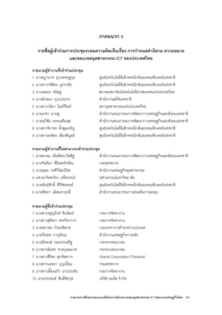 รายงานการศึกษากรอบแนวคิดในการวัดบทบาทของอุตสาหกรรม ICT ตอระบบเศรษฐกิจไทย 161
ภาคผนวก ง
รายชื่อผูเขารวมการประชุมระดมความคิดเห็นเรื่อง การกําหนดคํานิยาม ความหมาย
และขอบเขตอุตสาหกรรม ICT ของประเทศไทย
รายนามผูทํางานที่เขารวมประชุม
1. นางชฎามาศ ธุวะเศรษฐกุล ศูนยเทคโนโลยีอิเล็กทรอนิกสและคอมพิวเตอรแหงชาติ
2. นางสาวกษิติธร ภูภราดัย ศูนยเทคโนโลยีอิเล็กทรอนิกสและคอมพิวเตอรแหงชาติ
3. นางเอมอร จนิษฐ สมาคมสมาพันธเทคโนโลยีสารสนเทศแหงประเทศไทย
4. นางลักขณา ยุวะประกร สํานักงานสถิติแหงชาติ
5. นางสาววนิดา ไมตรีจิตต สภาอุตสาหกรรมแหงประเทศไทย
6. นายเกชา มานชู สํานักงานคณะกรรมการพัฒนาการเศรษฐกิจและสังคมแหงชาติ
7. นายอภิชัย ธรรมเสริมสุข สํานักงานคณะกรรมการพัฒนาการเศรษฐกิจและสังคมแหงชาติ
8. นางสาวจิราพร ตั้งพูลเจริญ ศูนยเทคโนโลยีอิเล็กทรอนิกสและคอมพิวเตอรแหงชาติ
9. นางสาวอรฉัตร เลียงพิบูลย ศูนยเทคโนโลยีอิเล็กทรอนิกสและคอมพิวเตอรแหงชาติ
รายนามผูทํางานที่ไมสามารถเขารวมประชุม
1. นายอาคม เติมพิทยาไพสิฐ สํานักงานคณะกรรมการพัฒนาการเศรษฐกิจและสังคมแหงชาติ
2. นางจันทิมา สิริแสงทักษิณ กรมสรรพากร
3. นายอุดม วงศวิวัฒนไชย สํานักงานเศรษฐกิจอุตสาหกรรม
4. ผศ.ดร.จิตตภัทร เครือวรรณ จุฬาลงกรณมหาวิทยาลัย
5. นายพันธศักดิ์ ศิริรัชตพงษ ศูนยเทคโนโลยีอิเล็กทรอนิกสและคอมพิวเตอรแหงชาติ
6. นายพิทยา เลิศมหาฤทธิ์ สํานักงานคณะกรรมการสงเสริมการลงทุน
รายนามผูที่เขารวมประชุม
1. นางสาวจรูญรักษ ชินวัฒน กรมการจัดหางาน
2. นางสาวสุจิตรา ขจรกิดาการ กรมการจัดหางาน
3. นายสถาพร ภังคะพิลาศ กรมเจรจาการคาระหวางประเทศ
4. นายจีรเดช ภานุรัตนะ สํานักงานเศรษฐกิจการคลัง
5. นายธีรพงษ รอดประเสริฐ กระทรวงคมนาคม
6. นางสาวอัมพร ชาตบุษยมาส กระทรวงคมนาคม
7. นางสาวสิริพร ศุภรัชตการ Oracle Corporation (Thailand)
8. นางสาวนงพงา บุญเปยม กรมสรรพากร
9. นางสาวเอื้องแกว ปวงประชัน กรมการจัดหางาน
10. นายประพนธ สินลิขิตกุล บริษัท เอเน็ต จํากัด
 