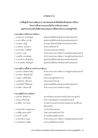 รายงานการศึกษากรอบแนวคิดในการวัดบทบาทของอุตสาหกรรม ICT ตอระบบเศรษฐกิจไทย 169
ภาคผนวก ฉ
รายชื่อผูเขารวมงานสัมมนาการนําเสนอและรับฟงขอคิดเห็นตอผลการศึกษา
โครงการศึกษากรอบแนวคิดในการวัดบทบาทของ
อุตสาหกรรมเทคโนโลยีสารสนเทศและการสื่อสารตอระบบเศรษฐกิจไทย
รายนามผูทํางานที่เขารวมงานสัมมนา
1. นางชฎามาศ ธุวะเศรษฐกุล ศูนยเทคโนโลยีอิเล็กทรอนิกสและคอมพิวเตอรแหงชาติ
2. นางสาวกษิติธร ภูภราดัย ศูนยเทคโนโลยีอิเล็กทรอนิกสและคอมพิวเตอรแหงชาติ
3. นางเอมอร จนิษฐ สมาคมสมาพันธเทคโนโลยีสารสนเทศแหงประเทศไทย
4. นางลักขณา ยุวะประกร สํานักงานสถิติแหงชาติ
5. นางสาววนิดา ไมตรีจิตต สภาอุตสาหกรรมแหงประเทศไทย
6. นายเกชา มานชู สํานักงานคณะกรรมการพัฒนาการเศรษฐกิจและสังคมแหงชาติ
7. นายอภิชัย ธรรมเสริมสุข สํานักงานคณะกรรมการพัฒนาการเศรษฐกิจและสังคมแหงชาติ
8. นางสาวจิราพร ตั้งพูลเจริญ ศูนยเทคโนโลยีอิเล็กทรอนิกสและคอมพิวเตอรแหงชาติ
9. นางสาวอรฉัตร เลียงพิบูลย ศูนยเทคโนโลยีอิเล็กทรอนิกสและคอมพิวเตอรแหงชาติ
รายนามผูทํางานที่ไมสามารถเขารวมงานสัมมนา
1. นายอาคม เติมพิทยาไพสิฐ สํานักงานคณะกรรมการพัฒนาการเศรษฐกิจและสังคมแหงชาติ
2. นางจันทิมา สิริแสงทักษิณ กรมสรรพากร
3. นายอุดม วงศวิวัฒนไชย สํานักงานเศรษฐกิจอุตสาหกรรม
4. นายจิตตภัทร เครือวรรณ จุฬาลงกรณมหาวิทยาลัย
5. นายพันธศักดิ์ ศิริรัชตพงษ ศูนยเทคโนโลยีอิเล็กทรอนิกสและคอมพิวเตอรแหงชาติ
6. นายพิทยา เลิศมหาฤทธิ์ สํานักงานคณะกรรมการสงเสริมการลงทุน
รายนามผูที่เขารวมงานสัมมนา
1.นายโกศล เพ็ชรสุวรรณ สมาคมโทรคมนาคมแหงประเทศไทยในพระบรมราชูปถัมภ
2. นายมนู อรดีดลเชษฐ สํานักงานสงเสริมอุตสาหกรรมซอฟตแวรแหงชาติ
3. นายขัติยา ไกรกาญจน สภาอุตสาหกรรมแหงประเทศไทย/กลุมอุตสาหกรรมไฟฟาและ
อิเล็กทรอนิกส
4. นายธรรมวิทย เทอดอุดมธรรม มหาวิทยาลัยธรรมศาสตร
5. นายพิสิฐ พฤกษานุศักดิ์ บริษัท เบลตาคอมพิวเตอร จํากัด
6. นายจารึก เฮงรัศมี สถาบันไฟฟาและอิเล็กทรอนิกส
7. นางสาวชไมพร บุญตอ สํานักงานคณะกรรมการพัฒนาการเศรษฐกิจและสังคมแหงชาติ
8. นายนพธิเบศร เมฆวิชัย สมาคมเคเบิลทีวีแหงประเทศไทย
 