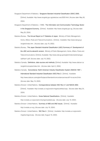 Singapore Department of Statistics. Singapore Standard Industrial Classification (SSIC) 2000.
[Online]. Available: http://www.singstat.gov.sg/stats/ssc.ssic2000.html. (Access date: May 26,
2004).
Singapore Department of Statistics. (1998). The Information and Communication Technology Sector
in the Singapore Economy. [Online]. Available: http://www.singstat.gov.sg. (Access date:
May 26, 2004).
Statistics Bureau. The Annual Report on IT Statistics of Japan. Ministry of Public Management,
Home, Affairs, Posts and Telecommunications. [Online]. Available: http://www.stat.go.jp
/english/index.htm. (Access date: July 19, 2002).
Statistics Bureau. The Japan Standard Industrial Classification (JSIC) Summary of Development of
the JSIC and its eleventh revision. Ministry of Public Management, Home, Affairs, Posts and
Telecommunications. [Online]. Available: http://www.stat.go.jp/english/index/seido/sangyo
/pdf/san1.pdf. (Access date: July 19, 2002).
Statistics Canada. Definitions, data sources and methods. [Online]. Available: http://www.statcan.ca
/english/concepts/index.htm. (Access date: April 2, 2004).
Statistics Canada. Concordance: North American Industry Classification System (NAICS) 1997 –
International Standard Industrial Classification (ISIC) Rev.3. [Online]. Available:
http://www.statcan.ca/english/Subjects/Standard/concordances/naics97-to-isicrev3.htm.
(Access date: May 19, 2004).
Statistics Division United Nations. Correspondence between ISIC Rev.3.1 and NAICS 2002.
[Online]. Available: http://unstats.un.org/unsd/cr/registry/default.asp. (Access date: May 24,
2004).
Statistics Division United Nations. Korea National Classifications. [Online]. Available:
http://unstats.un.org/unsd/cr/ctryreg/ctrydetail.asp. (Access date: July 19, 2004).
Statistics Division United Nations. Summary of ABS and SNZ Issues. [Online]. Available:
http://unstats.un.org. (Access date: July 19, 2004).
Statistics Division United Nations. ISIC Rev.3. [Online]. Available: http://unstats.un.org/unsd/cr
/registry/regcst.asp. (Access date: August 16, 2004).
 