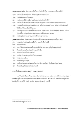 รายงานการศึกษากรอบแนวคิดในการวัดบทบาทของอุตสาหกรรม ICT ตอระบบเศรษฐกิจไทย 7
1. อุตสาหกรรมการผลิต โดยครอบคลุมสินคาตางๆ ที่เกี่ยวของกับสารสนเทศและการสื่อสาร ไดแก
- 30006
: การผลิตเครื่องจักรสํานักงาน เครื่องทําบัญชี และเครื่องคํานวณ
- 3130 : การผลิตลวดและเคเบิลหุมฉนวน
- 3210 : การผลิตหลอดอิเล็กทรอนิกส และสวนประกอบอิเล็กทรอนิกสอื่นๆ
- 3220 : การผลิตเครื่องสงสัญญาณโทรทัศนและวิทยุ และอุปกรณสําหรับโทรศัพทและโทรสารชนิดใชสาย
- 3230 : การผลิตเครื่องรับสัญญาณโทรทัศนและวิทยุ เครื่องบันทึกเสียง หรือภาพ เครื่องซาวดรีโพรดิวซิง หรือ
วีดิโอรีโพรดิวซิง และสินคาที่เกี่ยวของ
- 3312 : การผลิตอุปกรณและเครื่องมือที่ใชในการเดินเรือ การเดินอากาศ การวัด ตรวจสอบ ทดสอบ และวัตถุ
ประสงคอื่นๆ ยกเวนอุปกรณควบคุมกระบวนการผลิตในทางอุตสาหกรรม
- 3313 : การผลิตอุปกรณควบคุมกระบวนการผลิตในทางอุตสาหกรรม
2. อุตสาหกรรมบริการ โดยครอบคลุมบริการตางๆ ที่เกี่ยวของกับสารสนเทศและการสื่อสาร ไดแก
- 5150 : การขายสงเครื่องจักร อุปกรณเครื่องจักร และเครื่องมือเครื่องใช
- 6420 : การโทรคมนาคม
- 7123 : บริการใหเชาเครื่องจักรและเครื่องอุปกรณที่ใชในสํานักงาน (รวมทั้งเครื่องคอมพิวเตอร)
- 72: กิจกรรมดานคอมพิวเตอร และกิจกรรมที่เกี่ยวของ
- 7210 : การใหคําปรึกษาเกี่ยวกับฮารดแวร
- 7220 : การใหคําปรึกษาและการจัดหาเกี่ยวกับซอฟตแวร
- 7230 : การประมวลผลขอมูล
- 7240 : กิจกรรมดานฐานขอมูล
- 7250 : การบํารุงรักษาและการซอมแซมเครื่องจักรสํานักงาน เครื่องทําบัญชี และเครื่องคํานวณ
- 7290 : กิจกรรมอื่นๆ ที่เกี่ยวของกับคอมพิวเตอร
2.3 การจัดประเภทอุตสาหกรรม ICT ของนานาประเทศ
คณะวิจัยไดดําเนินการศึกษาแนวทางในการกําหนดขอบเขตอุตสาหกรรม ICT จากหนวยงานของ
ประเทศตางๆ ที่มีการจัดทําขอมูลดังกลาวไวอยางชัดเจนและสมบูรณ เชน แคนาดา ออสเตรเลีย สหรัฐอเมริกา
สิงคโปร ญี่ปุน เกาหลีใต อินเดีย และไทย โดยผลการศึกษา ปรากฏดังนี้
6
เปนตัวเลขตามรหัสมาตรฐาน ISIC Rev.3
 