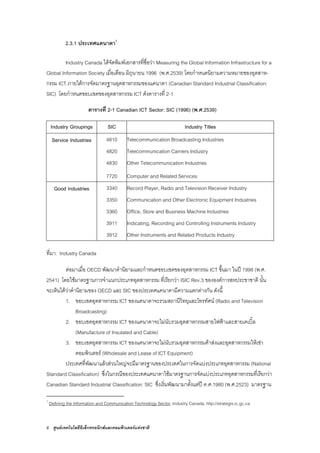 8 ศูนยเทคโนโลยีอิเล็กทรอนิกสและคอมพิวเตอรแหงชาติ
2.3.1 ประเทศแคนาดา7
Industry Canada ไดจัดพิมพเอกสารที่ชื่อวา Measuring the Global Information Infrastructure for a
Global Information Society เมื่อเดือน มิถุนายน 1996 (พ.ศ.2539) โดยกําหนดนิยามความหมายของอุตสาห-
กรรม ICT ภายใตการจัดมาตรฐานอุตสาหกรรมของแคนาดา (Canadian Standard Industrial Classification:
SIC) โดยกําหนดขอบเขตของอุตสาหกรรม ICT ดังตารางที่ 2-1
ตารางที่ 2-1 Canadian ICT Sector: SIC (1996) (พ.ศ.2539)
Industry Groupings SIC Industry Titles
Service Industries 4810 Telecommunication Broadcasting Industries
4820 Telecommunication Carriers Industry
4830 Other Telecommunication Industries
7720 Computer and Related Services
Good Industries 3340 Record Player, Radio and Television Receiver Industry
3350 Communication and Other Electronic Equipment Industries
3360 Office, Store and Business Machine Industries
3911 Indicating, Recording and Controlling Instruments Industry
3912 Other Instruments and Related Products Industry
ที่มา: Industry Canada
ตอมาเมื่อ OECD พัฒนาคํานิยามและกําหนดขอบเขตของอุตสาหกรรม ICT ขึ้นมา ในป 1998 (พ.ศ.
2541) โดยใชมาตรฐานการจําแนกประเภทอุตสาหกรรม ที่เรียกวา ISIC Rev.3 ขององคการสหประชาชาติ นั้น
จะเห็นไดวาคํานิยามของ OECD และ SIC ของประเทศแคนาดามีความแตกตางกัน ดังนี้
1. ขอบเขตอุตสาหกรรม ICT ของแคนาดาจะรวมสถานีวิทยุและโทรทัศน (Radio and Television
Broadcasting)
2. ขอบเขตอุตสาหกรรม ICT ของแคนาดาจะไมนับรวมอุตสาหกรรมสายไฟฟาและสายเคเบิ้ล
(Manufacture of Insulated and Cable)
3. ขอบเขตอุตสาหกรรม ICT ของแคนาดาจะไมนับรวมอุตสาหกรรมคาสงและอุตสาหกรรมใหเชา
คอมพิวเตอร (Wholesale and Lease of ICT Equipment)
ประเทศที่พัฒนาแลวสวนใหญจะมีมาตรฐานของประเทศในการจัดแบงประเภทอุตสาหกรรม (National
Standard Classification) ซึ่งในกรณีของประเทศแคนาดาใชมาตรฐานการจัดแบงประเภทอุตสาหกรรมที่เรียกวา
Canadian Standard Industrial Classification: SIC ซึ่งเริ่มพัฒนามาตั้งแตป ค.ศ.1980 (พ.ศ.2523) มาตรฐาน
7
Defining the Information and Communication Technology Sector, Industry Canada, http://strategis.ic.gc.ca
 
