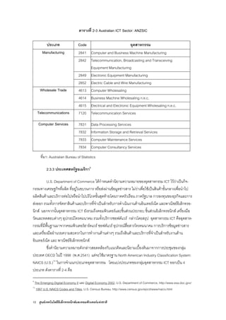 12 ศูนยเทคโนโลยีอิเล็กทรอนิกสและคอมพิวเตอรแหงชาติ
ตารางที่ 2-3 Australian ICT Sector: ANZSIC
ประเภท Code อุตสาหกรรม
Manufacturing 2841 Computer and Business Machine Manufacturing
2842 Telecommunication, Broadcasting and Transceiving
Equipment Manufacturing
2849 Electronic Equipment Manufacturing
2852 Electric Cable and Wire Manufacturing
Wholesale Trade 4613 Computer Wholesaling
4614 Business Machine Wholesaling n.e.c.
4615 Electrical and Electronic Equipment Wholesaling n.e.c.
Telecommunications 7120 Telecommunication Services
Computer Services 7831 Data Processing Services
7832 Information Storage and Retrieval Services
7833 Computer Maintenance Services
7834 Computer Consultancy Services
ที่มา: Australian Bureau of Statistics
2.3.3 ประเทศสหรัฐอเมริกา9
U.S. Department of Commerce ไดกําหนดคํานิยามความหมายของอุตสาหกรรม ICT ไววาเปนกิจ-
กรรมทางเศรษฐกิจที่ผลิต ที่อยูในขบวนการ หรือสงผานขอมูลขาวสาร ไมวาเพื่อใชเปนสินคาขั้นกลางเพื่อนําไป
ผลิตสินคาและบริการตอไปหรือนําไปบริโภคขั้นสุดทายโดยภาคครัวเรือน ภาครัฐบาล การลงทุนของธุรกิจและการ
สงออก รวมทั้งการจัดหาสินคาและบริการที่จําเปนสําหรับการดําเนินงานดานอินเทอรเน็ต และพาณิชยอิเล็กทรอ-
นิกส นอกจากนั้นอุตสาหกรรม ICT ยังรวมถึงคอมพิวเตอรและชิ้นสวนประกอบ ชิ้นสวนอิเล็กทรอนิกส เครื่องมือ
วัดและทดสอบตางๆ อุปกรณโทรคมนาคม รวมทั้งบริการซอฟตแวร กลาวโดยสรุป อุตสาหกรรม ICT คืออุตสาห-
กรรมที่มีพื้นฐานมาจากคอมพิวเตอรฮารดแวร ซอฟตแวร อุปกรณสื่อสารโทรคมนาคม การบริการขอมูลขาวสาร
และเครื่องมืออํานวยความสะดวกในการทํางานดานตางๆ รวมถึงสินคาและบริการที่จําเปนสําหรับงานดาน
อินเทอรเน็ต และ พาณิชยอิเล็กทรอนิกส
ซึ่งคํานิยามความหมายดังกลาวสอดคลองกับแนวคิดและนิยามเบื้องตนมาจากการประชุมของกลุม
ประเทศ OECD ในป 1998 (พ.ศ.2541) แตจะใชมาตรฐาน North American Industry Classification System:
NAICS (U.S.)10
ในการจําแนกประเภทอุตสาหกรรม โดยแบงประเภทของกลุมอุตสาหกรรม ICT ออกเปน 4
ประเภท ดังตารางที่ 2-4 คือ
9
The Emerging Digital Economy II และ Digital Economy 2002, U.S. Department of Commerce, http://www.esa.doc.gov/
10
1997 U.S. NAICS Codes and Titles, U.S. Census Bureau, http://www.census.gov/epcd/www/naics.html
 