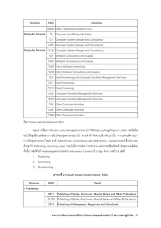 รายงานการศึกษากรอบแนวคิดในการวัดบทบาทของอุตสาหกรรม ICT ตอระบบเศรษฐกิจไทย 25
Divisions KSIC Industries
64299 Other Telecommunications n.e.c.
Computer Services 72 Computer and Related Activities
721 Computer System Design and Consultancy
7210 Computer System Design and Consultancy
Computer Services 72100 Computer System Design and Consultancy
722 Software Consultancy and Supply
7220 Software Consultancy and Supply
72201 Game Software Publishing
72209 Other Software Consultancy and supply
723 Data Processing and Computer Facilities Management Services
7231 Data Processing
72310 Data Processing
7232 Computer Facilities Management Services
72320 Computer Facilities Management Services
729 Other Computer Activities
7290 Other Computer Activities
72900 Other Computer Activities
ที่มา: Korea National Statistical Office
นอกจากนี้ในการพิจารณาบทบาทของอุตสาหกรรม ICT ที่มีตอระบบเศรษฐกิจของประเทศเกาหลีใตนั้น
จะไมไดดูเพียงแคอัตราการเติบโตของอุตสาหกรรม ICT ตามคําจํากัดความขางตนเทานั้น หากแตจะพิจารณา
การเกิดอุตสาหกรรมใหมๆ อาทิ อุตสาหกรรม e-Commerce และ อุตสาหกรรม Digital Content ซึ่งประกอบ
ดวยธุรกิจ Publishing, recording, video รวมไปถึงการผลิต การกระจาย และการบริโภคสินคาจําพวกเกมสดวย
ทั้งนี้เกาหลีใตไดกําหนดกลุมอุตสาหกรรมดาน Information Content ไว 3 กลุม ดังตารางที่ 2-8 ดังนี้
1. Publishing
2. Advertising
3. Broadcasting
ตารางที่ 2-8 South Korean Content Sector: KSIC
Divisions KSIC Detail
1. Publishing
2211 Publishing of Books, Brochures, Musical Books and Other Publications
22110 Publishing of Books, Brochures, Musical Books and Other Publications
2212 Publishing of Newspapers, Magazines and Periodicals
 