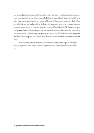 34 ศูนยเทคโนโลยีอิเล็กทรอนิกสและคอมพิวเตอรแหงชาติ
อุตสาหกรรมเปน NAICS (Canada) 2002 (พ.ศ.2545), NAICS (US) 2002 (พ.ศ.2545) และ SSIC 2002 (พ.ศ.
2545) ตามลําดับเชนกัน ยกเวน ประเทศออสเตรเลีย ซึ่งยังคงใชมาตรฐานเดิมอยู แตหากจะปรับเปลี่ยนการ
แปลง Code มาตรฐานของประเทศตางๆ ใหอยูภายใตกรอบคําจํากัดความอุตสาหกรรม ICT ซึ่งจัดทําโดย
OECD โดยใชมาตรฐานลาสุดนั้น จะไมสามารถนําเอารหัสมาตรฐานอุตสาหกรรม TSIC (Thailand Standard
Industrial Classification of All Economic Activities) ของประเทศไทยไปเทียบเคียงได เนื่องจากมาตรฐาน
TSIC ลาสุดของไทยเทียบไดกับมาตรฐานสากล ISIC Rev.3 เทานั้น นั่นหมายความวาหากดําเนินการแบง
ประเภทอุตสาหกรรม ICT โดยใชมาตรฐานลาสุดของตางประเทศ ณ ขณะนั้น ก็ไมสามารถแปลงมาตรฐานของ
ไทยใหเปนไปตามมาตรฐานของ ISIC Version ลาสุดได และไมสามารถกําหนดองคประกอบของขอมูลที่จะจัด
เก็บได
จากแนวคิดดังกลาวขางตน คณะวิจัยจึงไดจัดทําตารางการแปลงคารหัสมาตรฐานของกรณีศึกษา
ประเทศตางๆ ที่กําหนดใหภายใตกรอบคําจํากัดความอุตสาหกรรม ICT ซึ่งจัดทําโดย OECD ดังตารางที่ 3-1
คือ
 
