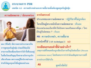 ผม (ทิโมธี) มีความยากลาบากมากใน
การพูดคุยกับผู้หญิง ส่งผลให้ผมไม่
สามารถเป็ นเพื่อนกับซาร่าได้ ทั้งที่เธออยู่
ในชั้นเรียนปริญญาโทสาขาบริหารธุรกิจ
เดียวกับผม เพราะผมรู้สึกประหม่าและ
ทาตัวไม่ถูกทุกครั้งที่อยู่ต่อหน้าเธอ
PD : ความประหม่า, ความขี้อาย
เทคนิค A3 –ความประหม่าและความขี้อายเมื่อต้องพูดคุยกับผู้หญิง
กระบวนการ PDR
ความผิดพลาด / ข้อบกพร่อง การวิเคราะห์
ประเภทของความผิดพลาด : ปฏิกิริยาที่ไม่ถูกต้อง
ข้อบกพร่องของใครที่ทาให้เกิดความเครียดมากที่สุด / ใคร
เป็ นผู้รับผิดชอบ ? : ตัวเอง
ใครเป็ นผู้ตระหนักถึงความผิดพลาด : ตัวเอง
เทคนิคที่ใช้ (AS technique): A3
เหตุการณ์ทั้งหมดต้องถูกเขียนในกาลปัจจุบันต่อเนื่อง (Present
continuous tense) โดยจินตนาการว่ากาลังเผชิญสถานการณ์ที่
ยากลาบากได้สาเร็จ
จะเขียนกรอบคาชี้นาอย่างไร?
ดูหน้าถัดไป
AS
 