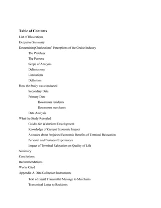 Table of Contents
List of Illustrations
Executive Summary
DeteeminingCharlestions’ Perceptions of the Cruise Industry
The Problem
The Purpose
Scope of Analysis
Delimtations
Limitations
Definition
How the Study was conducted
Secondary Data
Primary Data
Downtown residents
Downtown merchants
Data Analysis
What the Study Revealed
Guides for Waterfornt Development
Knowledge of Current Economic Impact
Attitudes about Projected Economic Benefits of Terminal Relocation
Personal and Business Experiances
Impact of Terminal Relocation on Quality of Life
Summary
Conclusions
Recommendations
Works Cited
Appendix A. Data Collection Instruments
Text of Email Transmittal Message to Merchants
Transmittal Letter to Residents
 