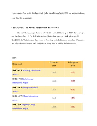 from expected. And no dividend expected. It also has a high deficit in 2558 our recommendation
from "hold" to "accumulate"
6. Ticket prices, Thai Airways International, the year 2016.
The total Thai Airways, the issue of up to 31 March 2016 and up to 2017, the company
and distributes free 191 Co., Ltd. is incorporated in the face, you can check prices or call
026520688 the Thai Airways, if the reserved for a long period of time, or more than 45 days to
fair value of approximately 30 %. Please ask at every once in a while, before we book
ASIA
Route - Goal
Price ticket
THB
Ticket prices
THB
BKK - MDL Mandalay International
Airport
Check 3,620
BKK - KUL Kuala Lumpur
International Airport
Check 4,615
BKK - PEN Penang International
Airport
Check 4,615
BKK - MFM Macau International
Airport
Check 5,450
BKK - SIN Singapore Changi
International Airport
Check 5,640
 