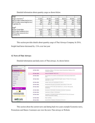 Detailed information about quantity cargo as shown below.
This section provides details about quantity cargo of Thai Airways Company. In 2016,
freight load factor decreased by -13.6% over last year
12. News of Thai Airways
Detailed information and daily news of Thai airways. As shown below:
This section about the current news and dating back two years example Economic news,
Promotions and Shares. Customers can view the news Thai airways in Website.
 