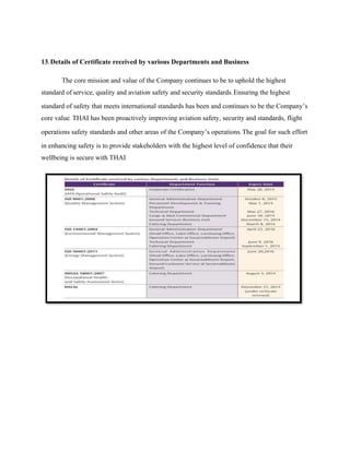 13. Details of Certificate received by various Departments and Business
The core mission and value of the Company continues to be to uphold the highest
standard of service, quality and aviation safety and security standards. Ensuring the highest
standard of safety that meets international standards has been and continues to be the Company’s
core value. THAI has been proactively improving aviation safety, security and standards, flight
operations safety standards and other areas of the Company’s operations. The goal for such effort
in enhancing safety is to provide stakeholders with the highest level of confidence that their
wellbeing is secure with THAI.
 