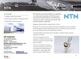 NTN Manufacturing Thailand (NMT) was established 
as a wholly owned subsidiary of NTN Corporation, 
being its first manufacturing site in Southeast Asia. 
The plant has been in operation since October 1999 
producing driveline components. 
Products: Driveline systems, propeller shaft, CV Joint. 
NTN Corp. has announced on February 2012 that it will establish a plant in Thailand to 
produce bearings and other automotive parts with an investment of around 2.5 billion 
yen to meet growing demand in Southeast Asian markets. 
The Osaka-based maker said its second Thai plant in Chonburi Province will start 
production in October. 
The two companies aim to start 
operations in February next year and to 
export their products to Europe and the 
USA in the future. 
Until now, NTN had been producing 
automotive products such as CVJ and 
hub bearings at NTN Manufacturing 
(Thailand) Co., Ltd (hereafter, NMT 
Eastern Seaboard Plant) located in 
Section 29 
NTN 
AT A GLANCE 
1. Japanese owned parts maker 
2. Commenced operation in Thailand in 1999 
3. Click here to go to the web site 
181 
NTN Headquarters 
127/15 Nonsee Road 
Chongnonsee Yannawa 
Bangkok 10120 
Phone: +662-2952518 
NTN Manufacturing (Thailand) Co., Ltd. 
Eastern Seaboard Industrial Estate 
111/2 Moo 4, 
Pluakdaeng, Pluangdeang 
Rayong 21140 
Contact Sales: sales@ntn.co.th 
Contact Purchasing: purchasing@ntn.co.th 
 